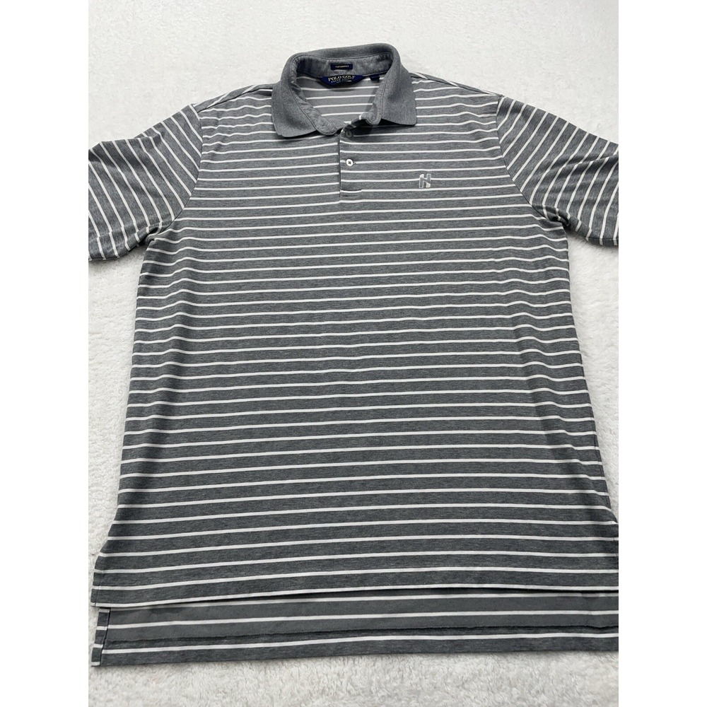 Polo Golf Ralph Lauren Mens Large Grey White Striped Performance Polo Shirt L